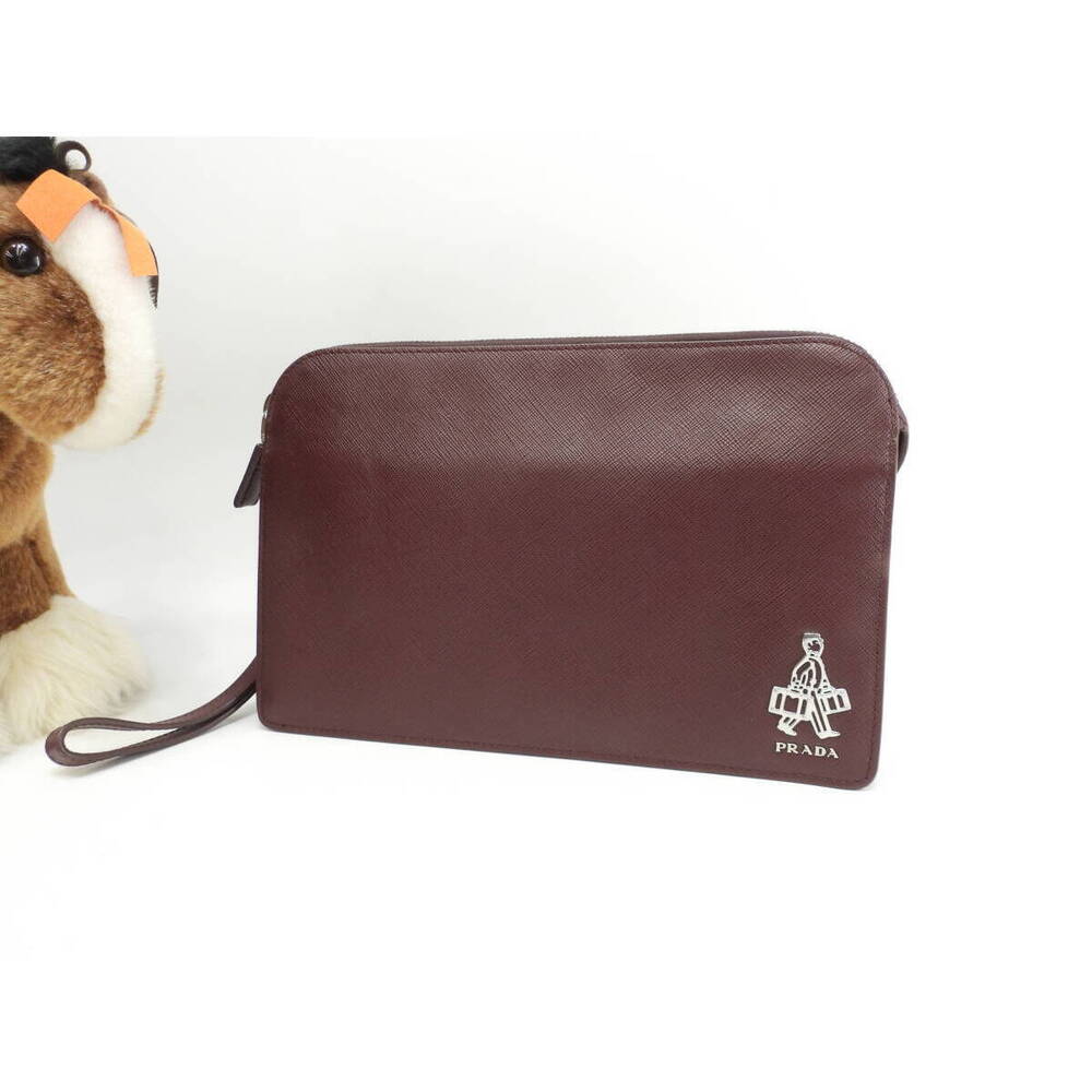Prada Clutch Wallet Bag Porter Saffiano Leather Burgundy Red Shoulder